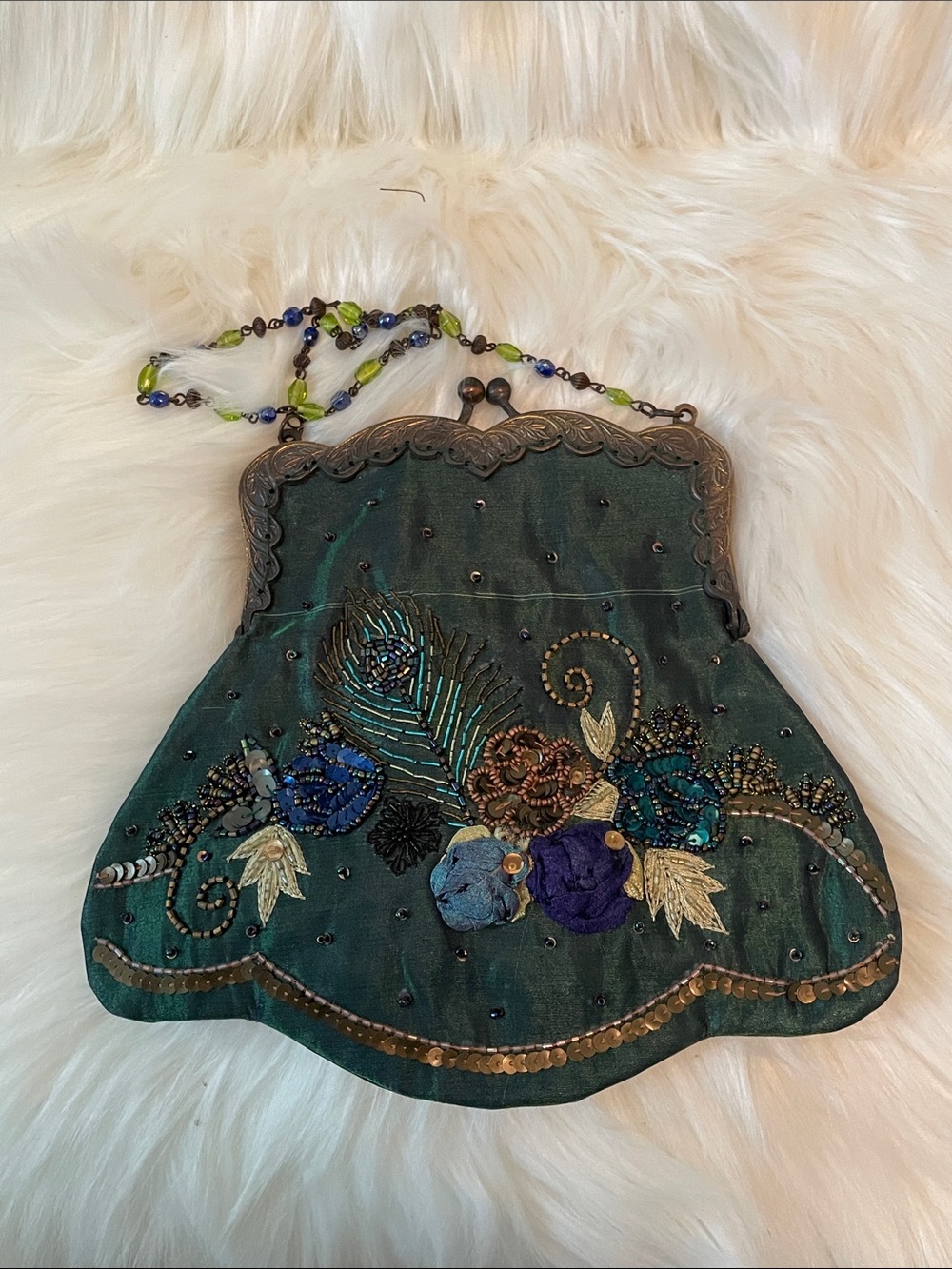 Beaded Embroidered Green Evening Clutch with Peacock Motif